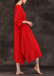 Bohemian red linen clothes For Women o neck drawstring Art summer Dress - SooLinen