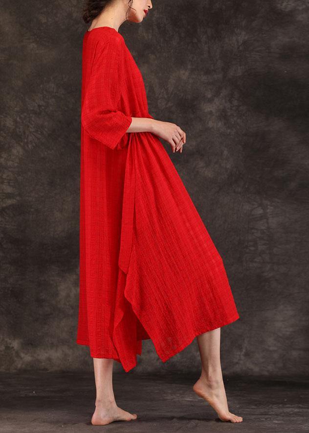 Bohemian red linen clothes For Women o neck drawstring Art summer Dress - SooLinen