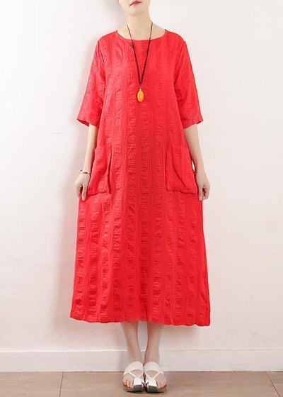Bohemian red o neck linen clothes For Women half sleeve Kaftan summer Dress - SooLinen