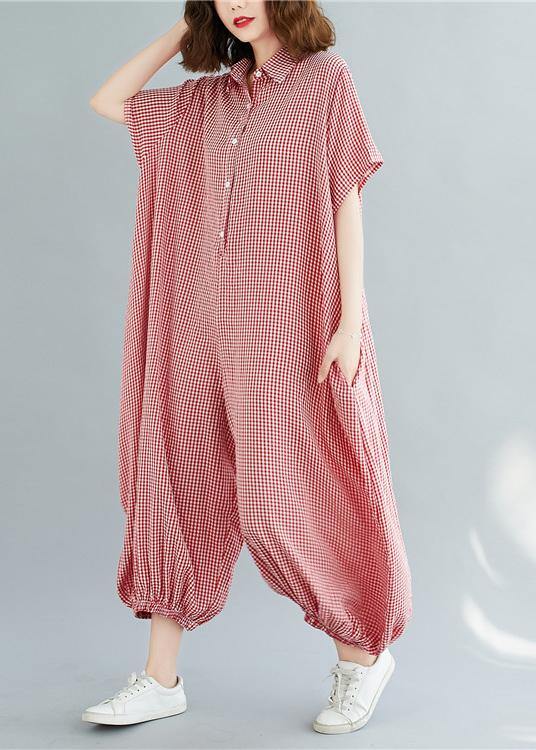 Bohemian red plaidpant Thin summerSewing wild jumpsuit - SooLinen