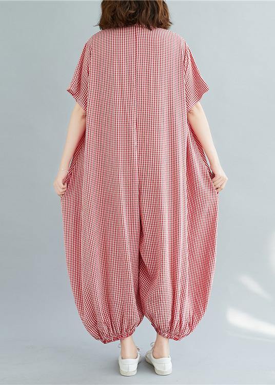 Bohemian red plaidpant Thin summerSewing wild jumpsuit - SooLinen