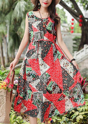 Bohemian red print cotton clothes Women sleeveless tie waist A Line summer Dresses - SooLinen