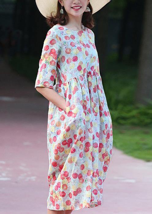 Bohemian red prints cotton linen dress short sleeve long summer Dresses - SooLinen