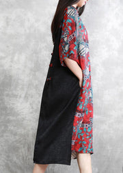 Bohemian rose print clothes For Women o neck half sleeve Kaftan Dress - SooLinen