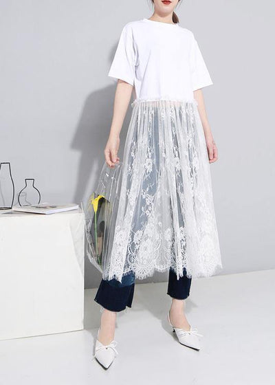 Bohemian short sleeve cotton Tunics Inspiration white Art Dresses patchwork sundress - SooLinen