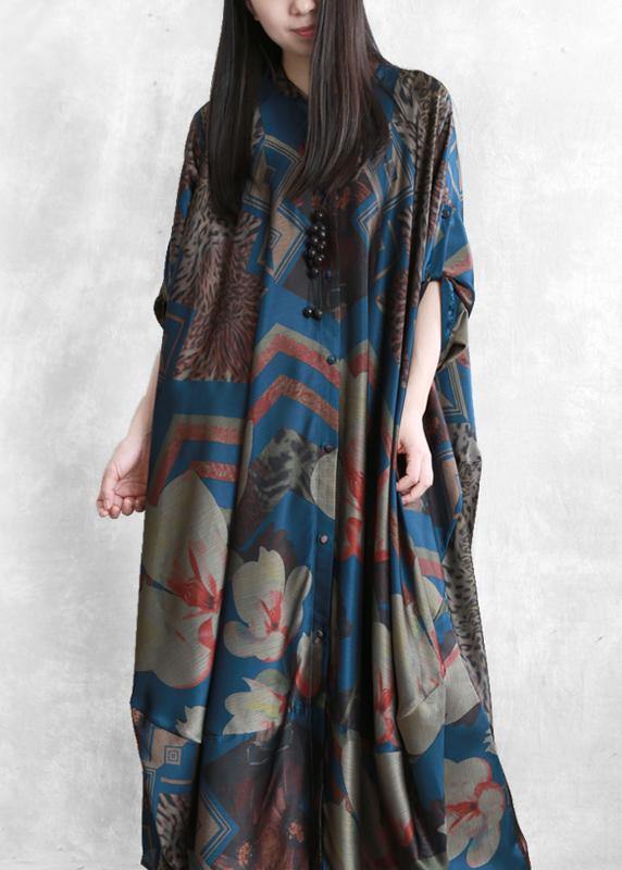 Bohemian stand collar asymmetric clothes For Women Fashion Ideas dark blue print Dress - SooLinen