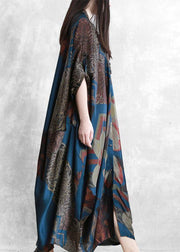 Bohemian stand collar asymmetric clothes For Women Fashion Ideas dark blue print Dress - SooLinen