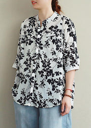 Bohemian stand collar half sleeve cotton summer clothes Fashion Ideas black print blouses - SooLinen