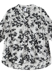 Bohemian stand collar half sleeve cotton summer clothes Fashion Ideas black print blouses - SooLinen