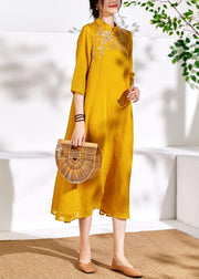 Bohemian stand collar linen clothes For Women yellow embroidery Dresses - SooLinen
