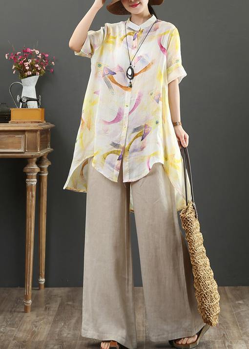 Bohemian stand collar low high design linen blouses for women design yellow print shirts - SooLinen