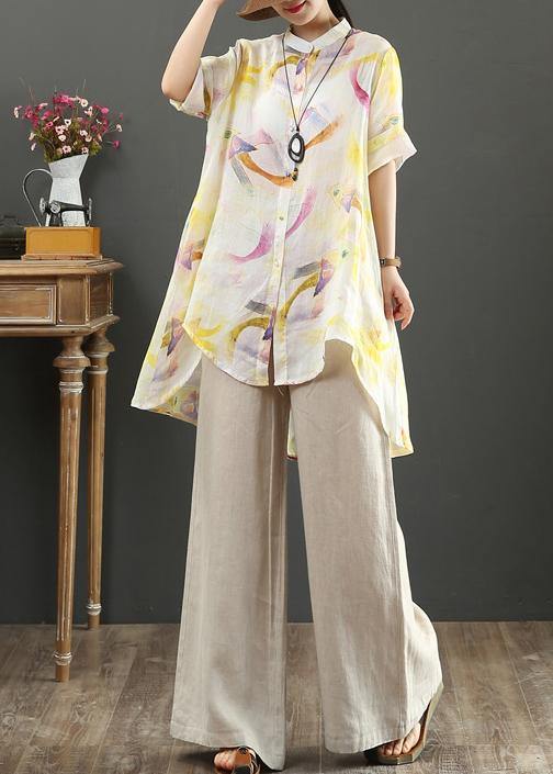 Bohemian stand collar low high design linen blouses for women design yellow print shirts - SooLinen