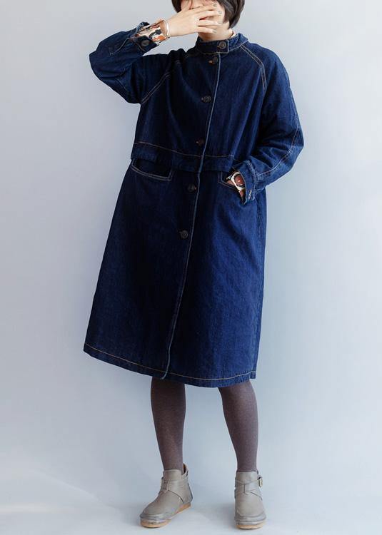 Bohemian stand collar fine patchwork box coat dark blue silhouette jackets - SooLinen