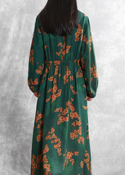 Bohemian stand collar Cinched quilting clothes Fabrics green print Kaftan Dresses - SooLinen