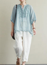 Bohemian v neck Button Down linen summer Shirts blue embroidery blouses - SooLinen