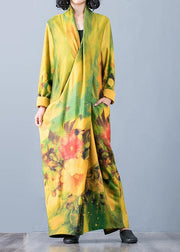 Bohemian v neck back side open cotton clothes For Women Fabrics yellow print Art Dresses fall - SooLinen