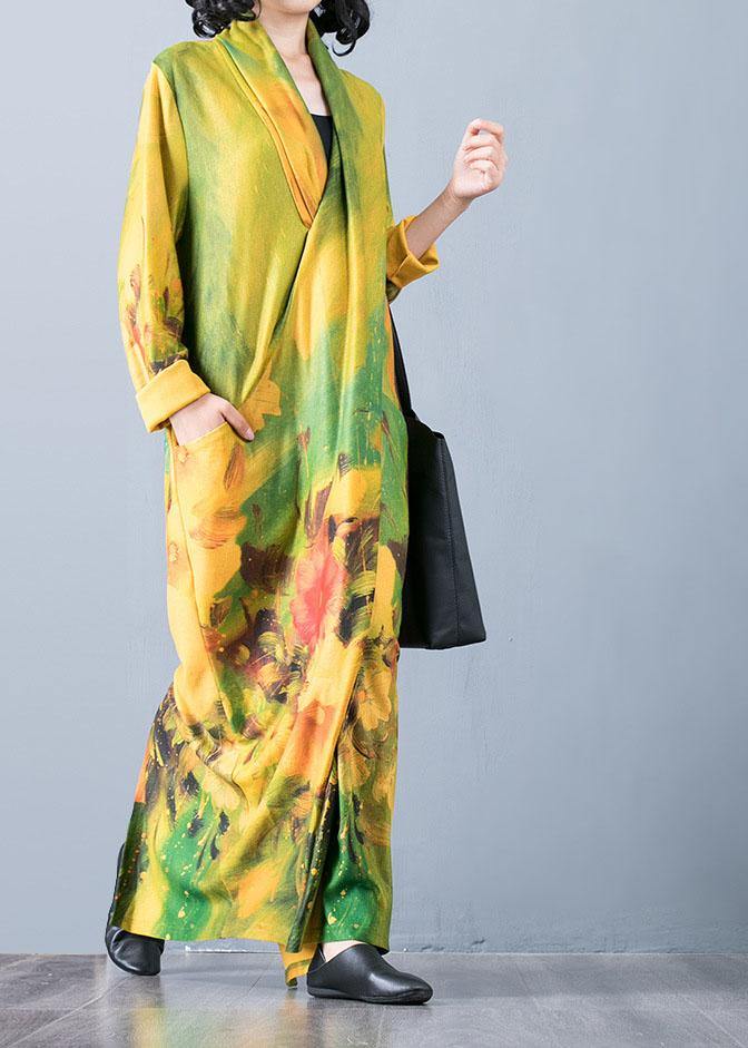 Bohemian v neck back side open cotton clothes For Women Fabrics yellow print Art Dresses fall - SooLinen