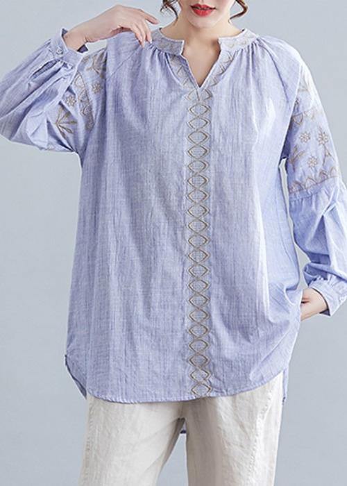 Bohemian v neck cotton Blouse Neckline blue embroidery shirt - SooLinen