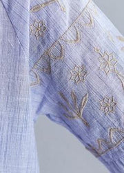 Bohemian v neck cotton Blouse Neckline blue embroidery shirt - SooLinen