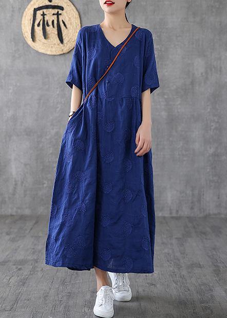 Bohemian v neck embroidery linen dresses Tutorials navy Dress - SooLinen