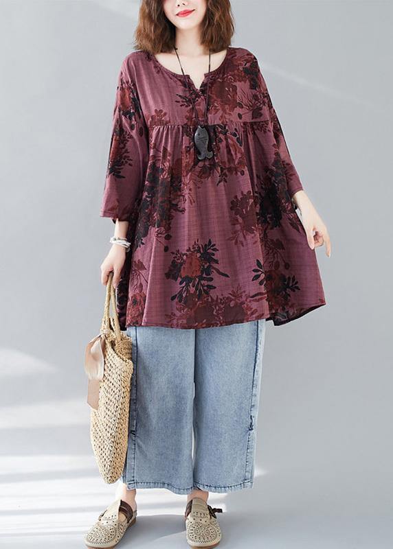 Bohemian v neck linen cotton summerclothes red prints Dresses shirts - SooLinen