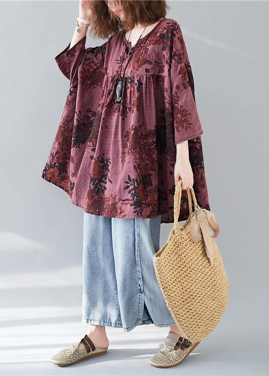 Bohemian v neck linen cotton summerclothes red prints Dresses shirts - SooLinen