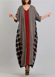 Bohemian v neck patchwork cotton linen spring quilting clothes Tunic Tops plaid Dresses - SooLinen