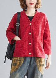 Bohemian v neck pockets cotton spring Blouse Photography red top - SooLinen