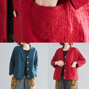 Bohemian v neck pockets cotton spring Blouse Photography red top - SooLinen