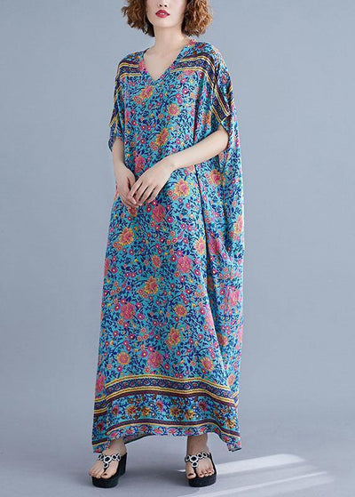 Bohemian v neck pockets cotton summer tunic pattern Photography blue print long Dress - SooLinen