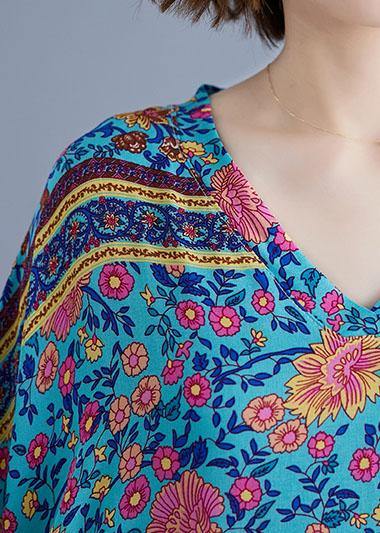 Bohemian v neck pockets cotton summer tunic pattern Photography blue print long Dress - SooLinen