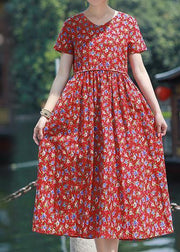 Bohemian v neck pockets linen outfit red print Dresses summer - SooLinen