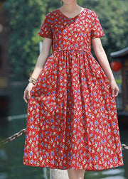 Beautiful Summer Dress v neck pockets linen outfit red print Dresses - SooLinen