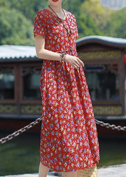 Bohemian v neck pockets linen outfit red print Dresses summer - SooLinen