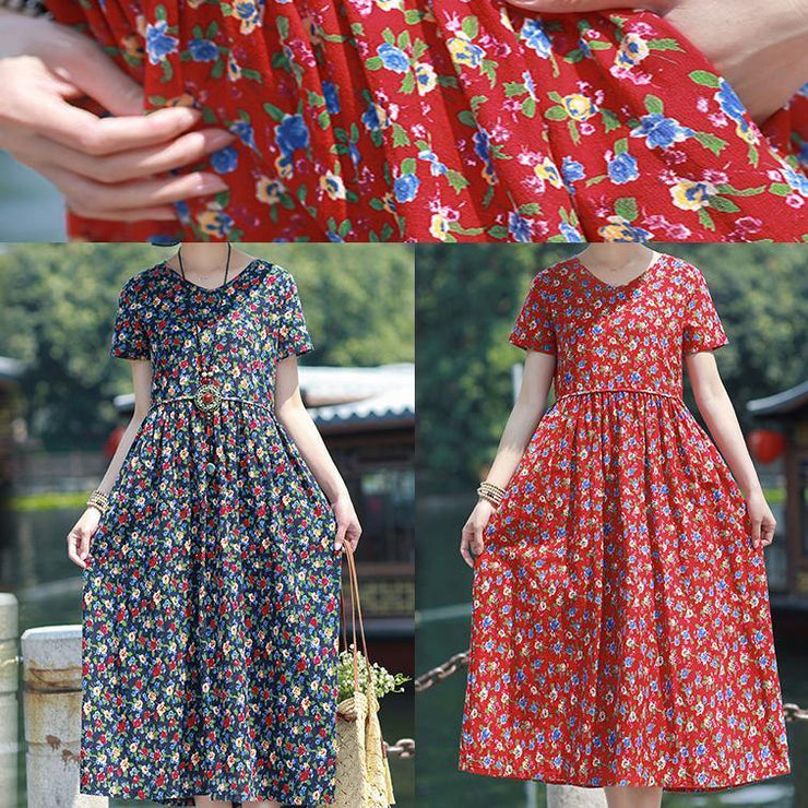 Beautiful Summer Dress v neck pockets linen outfit red print Dresses - SooLinen