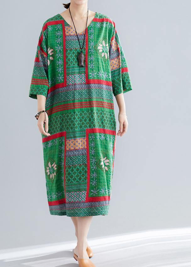 Bohemian v neck side open cotton Women pattern green print Maxi Dresses summer - SooLinen