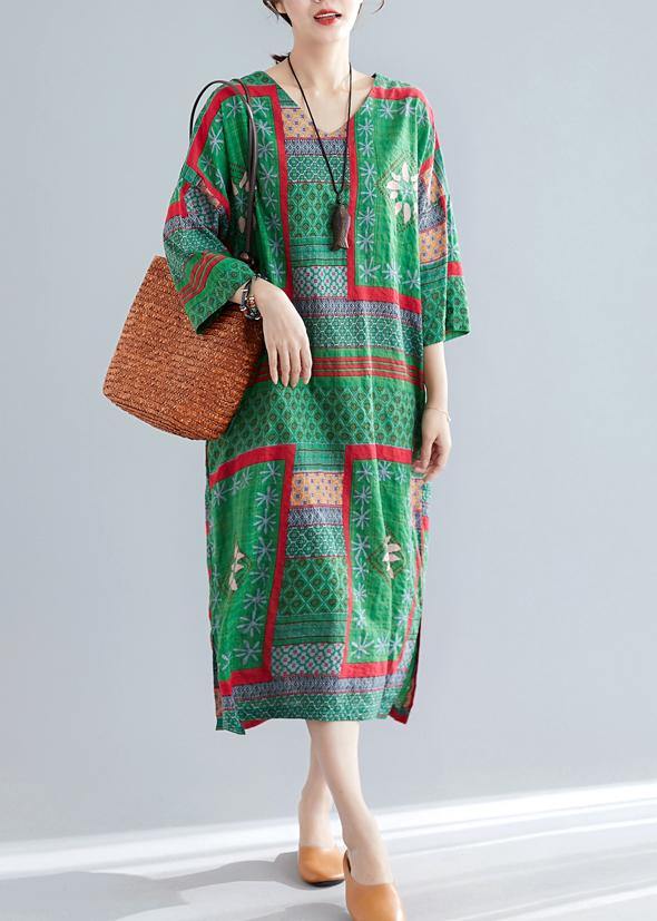 Bohemian v neck side open cotton Women pattern green print Maxi Dresses summer - SooLinen