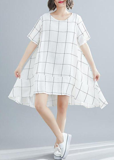 Bohemian white Cotton outfit Vintage Tunic Tops plaid baggy summer Dresses - SooLinen