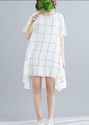 Bohemian white Cotton outfit Vintage Tunic Tops plaid baggy summer Dresses - SooLinen
