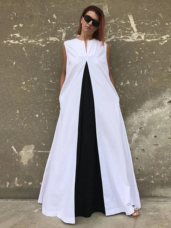 Bohemian white cotton clothes For Women sleeveless patchwork Maxi Dresses - SooLinen