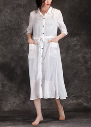 Bohemian white linen clothes For Women boutique Outfits lapel pockets Robe Summer Dresses