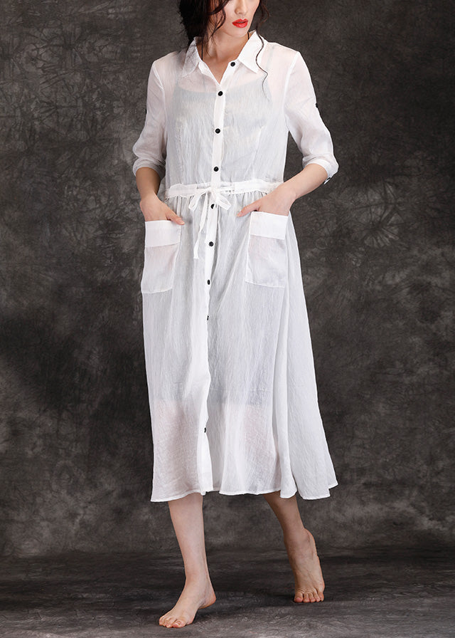Böhmische weiße Leinenkleidung für Damen Boutique Outfits Reverstaschen Robe Sommerkleider