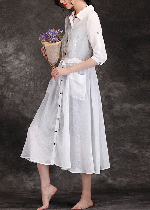 Bohemian white linen clothes For Women boutique Outfits lapel pockets Robe Summer Dresses