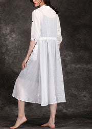 Böhmische weiße Leinenkleidung für Damen Boutique Outfits Reverstaschen Robe Sommerkleider