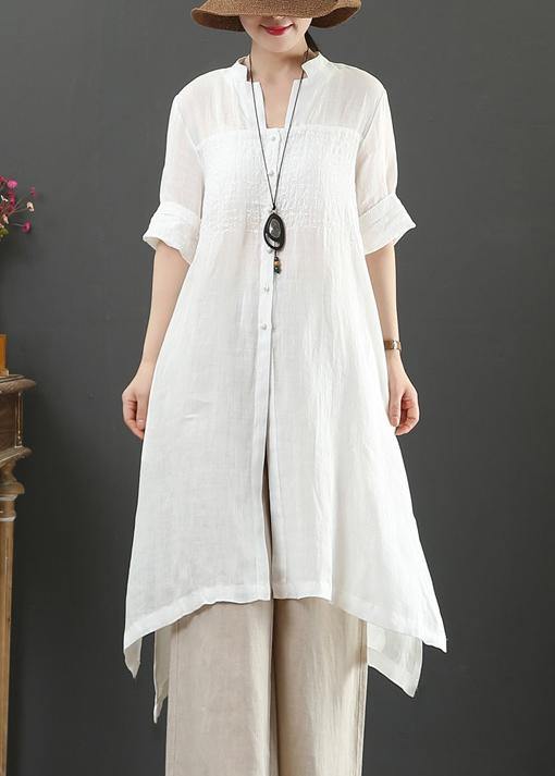 Bohemian white linen crane tops v neck tunic summer blouses - SooLinen