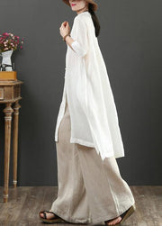 Bohemian white linen crane tops v neck tunic summer blouses - SooLinen