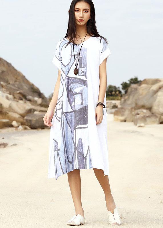 Bohemian white loose linen dress prints summer Dresses - SooLinen