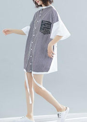 Bohemian white patchwork striped Cotton top o neck two ways to wear tunic Dress - SooLinen