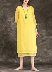 Böhmisches gelbes langes Kleid aus Baumwolle mit O-Ausschnitt, Patchwork-Midi-Sommerkleider
