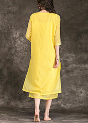 Bohemian yellow Cotton Long dress o neck patchwork Midi Summer Dresses